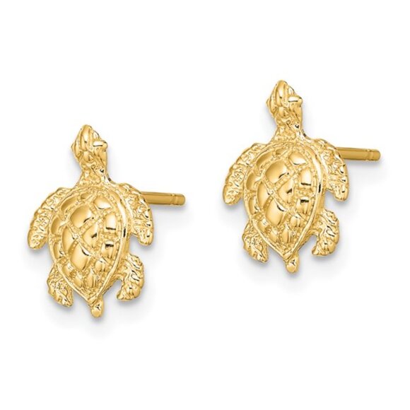14k Yellow Gold Nautical Mini Sea Turtle Post Earrings w Push Friction Back - Picture 9 of 9